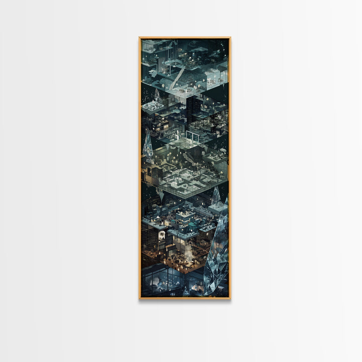 Floating Crystal Interior Architecture Wall Art, Futuristic Isometric Rooms Print, Modern Blue Gray Sci Fi Home Decor Gift