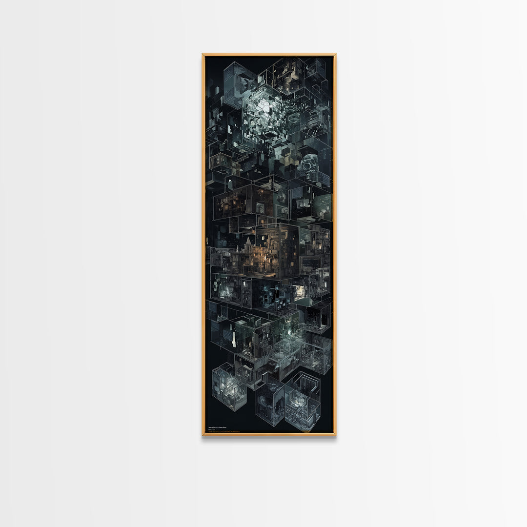 Dark Isometric Cyberpunk City Blocks Canvas Print, Futuristic Architecture Wall Decor, Modern Black Sci Fi Art Poster Gift
