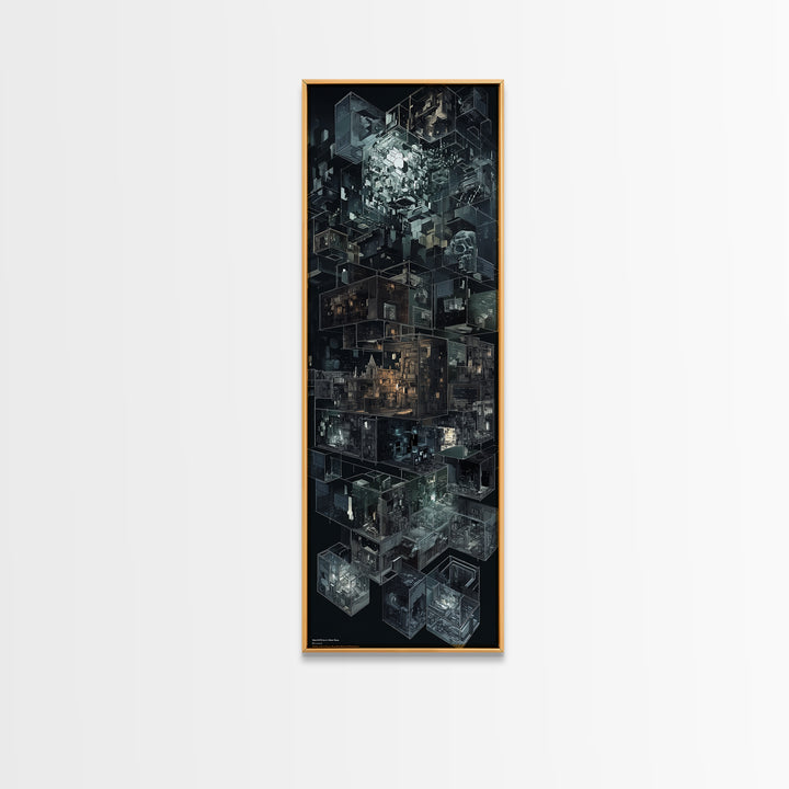 Dark Isometric Cyberpunk City Blocks Canvas Print, Futuristic Architecture Wall Decor, Modern Black Sci Fi Art Poster Gift