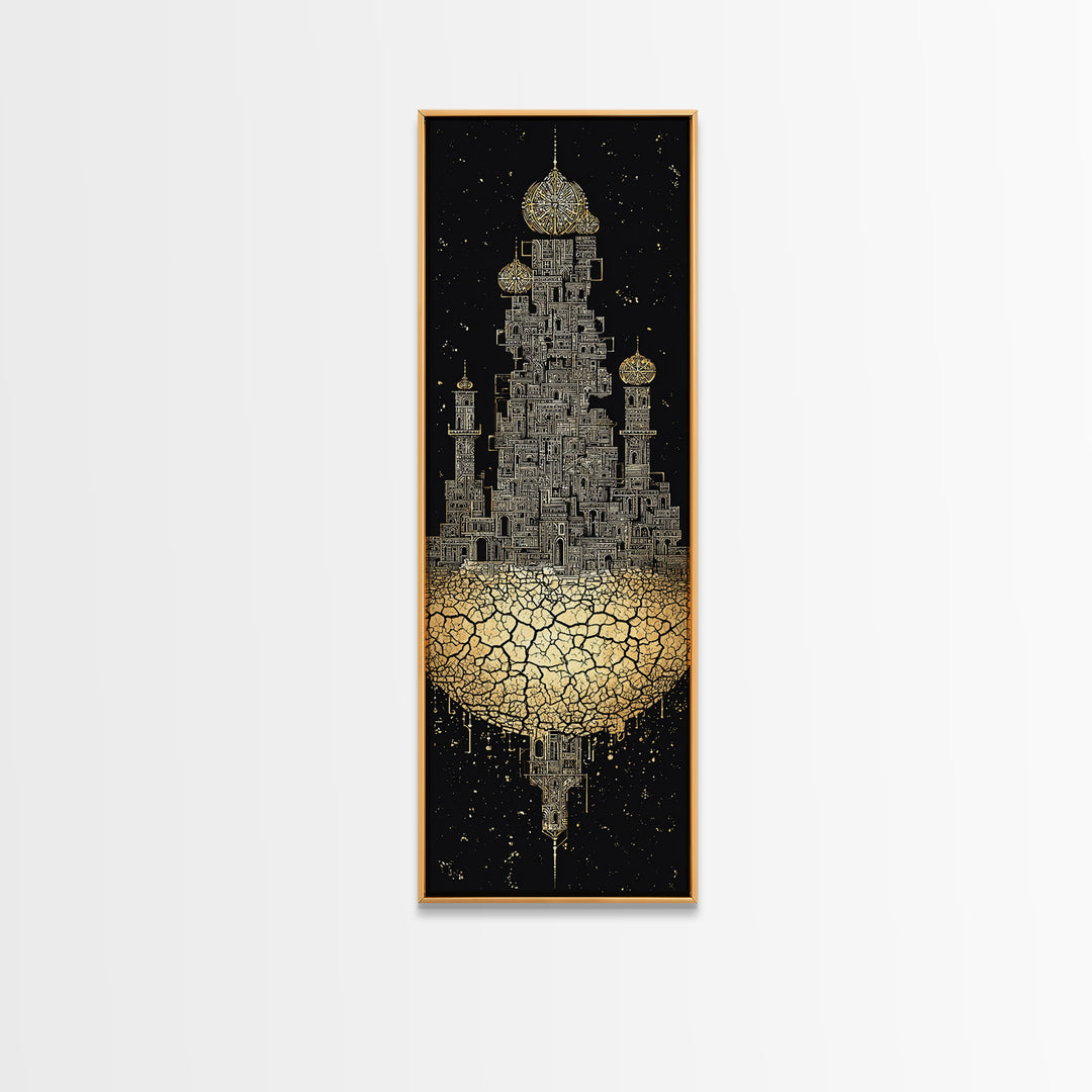 Golden Floating Afro Futurist Castle, Black And Gold African Wall Art, Luxury Canvas Print, Statement Home Decor Gift For Living Room