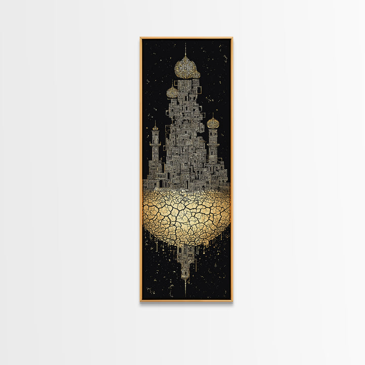 Golden Floating Afro Futurist Castle, Black And Gold African Wall Art, Luxury Canvas Print, Statement Home Decor Gift For Living Room
