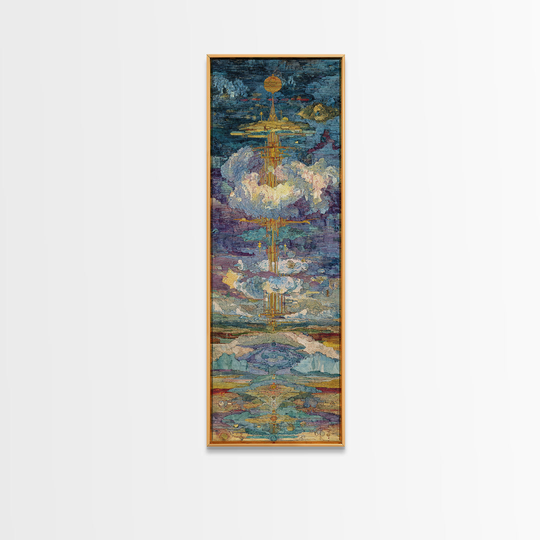 Floating Golden Temple In Clouds Wall Art, Mystical Landscape Art Print, Blue Gold Statement Decor, Modern Canvas Art Gift