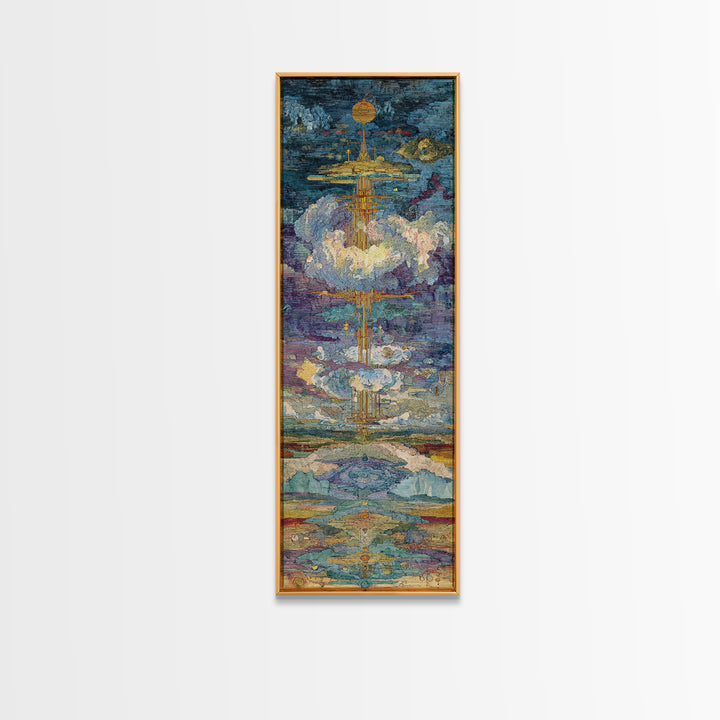 Floating Golden Temple In Clouds Wall Art, Mystical Landscape Art Print, Blue Gold Statement Decor, Modern Canvas Art Gift