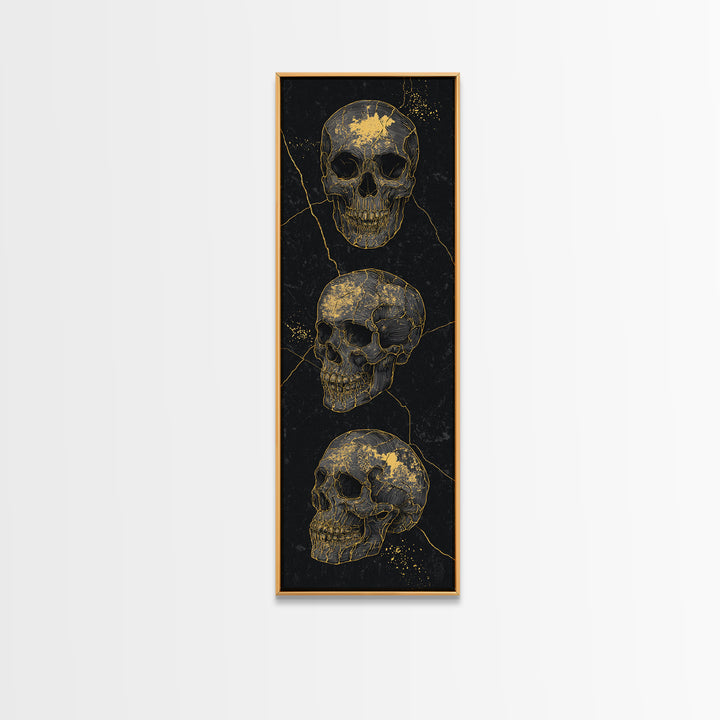 Three Gold Skulls On Black Canvas Print, Gothic Anatomy Wall Art, Dark Luxury Decor, Macabre Statement Gift For Him Home Decor