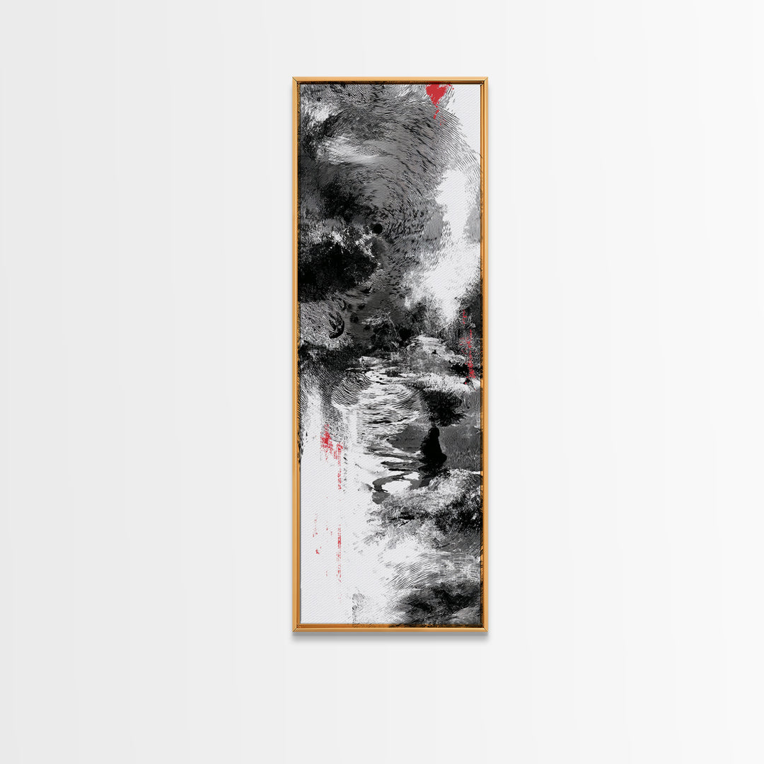 Black And White Abstract River Figure Wall Art, African Abstract Painting, Modern Ink Texture Decor With Red Accents Fine Art Print