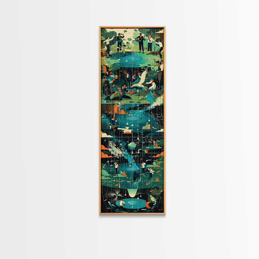Teal Crane Pond And Rainy Garden Framed Canvas Print, African Inspired Bird Art, Nature Scene Decor For Living Room Wall Gift