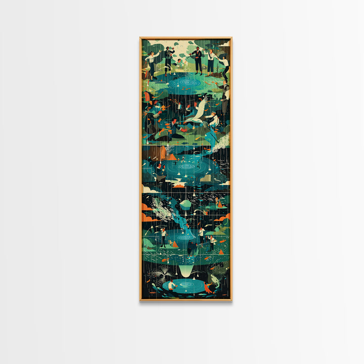 Teal Crane Pond And Rainy Garden Framed Canvas Print, African Inspired Bird Art, Nature Scene Decor For Living Room Wall Gift
