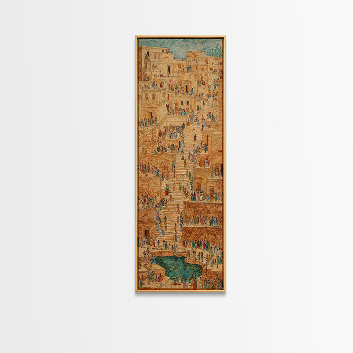 Ancient African Stairway Market Wall Art, Desert Cityscape Canvas Print, Terracotta Cultural Decor, Historic Village Artwork