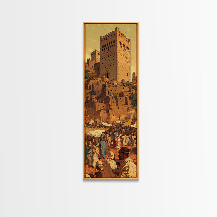 Moroccan Kasbah Market Wall Art, Sunset Desert Tower Canvas Print, African Travel Poster, Warm Terracotta Home Decor Artwork