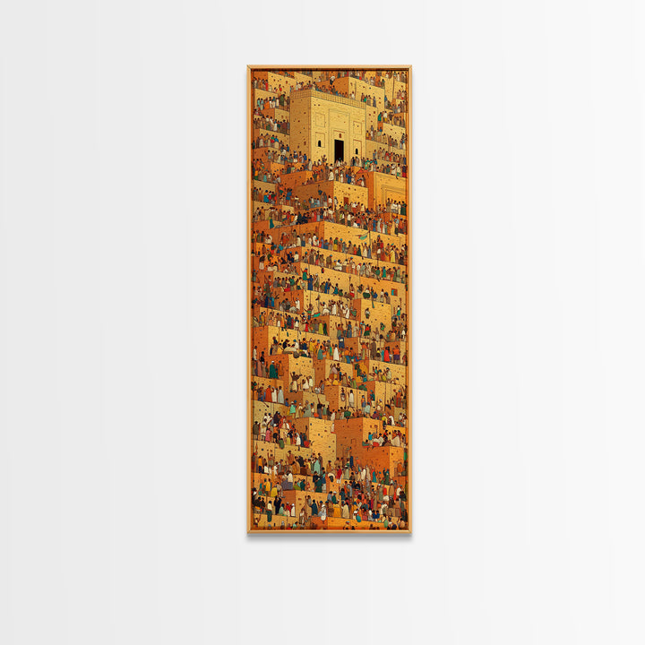 Golden African City Stairs Wall Art, Mud Brick Village Canvas Print, Busy Market Scene, Cultural Home Decor Artwork Poster