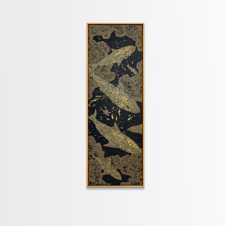 Golden Koi Fish On Black Abstract Wall Art, Luxury Canvas Print, Asian Inspired Decor, Textured Black And Gold Artwork Print