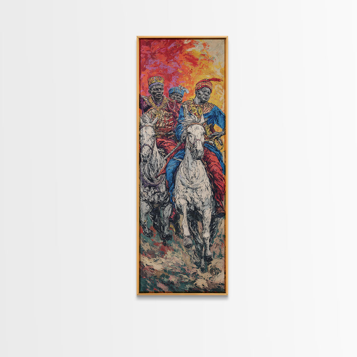 Three African Royal Horsemen On White Horses Canvas Print, Afrocentric Wall Art, African Warrior Art, Cultural Home Decor