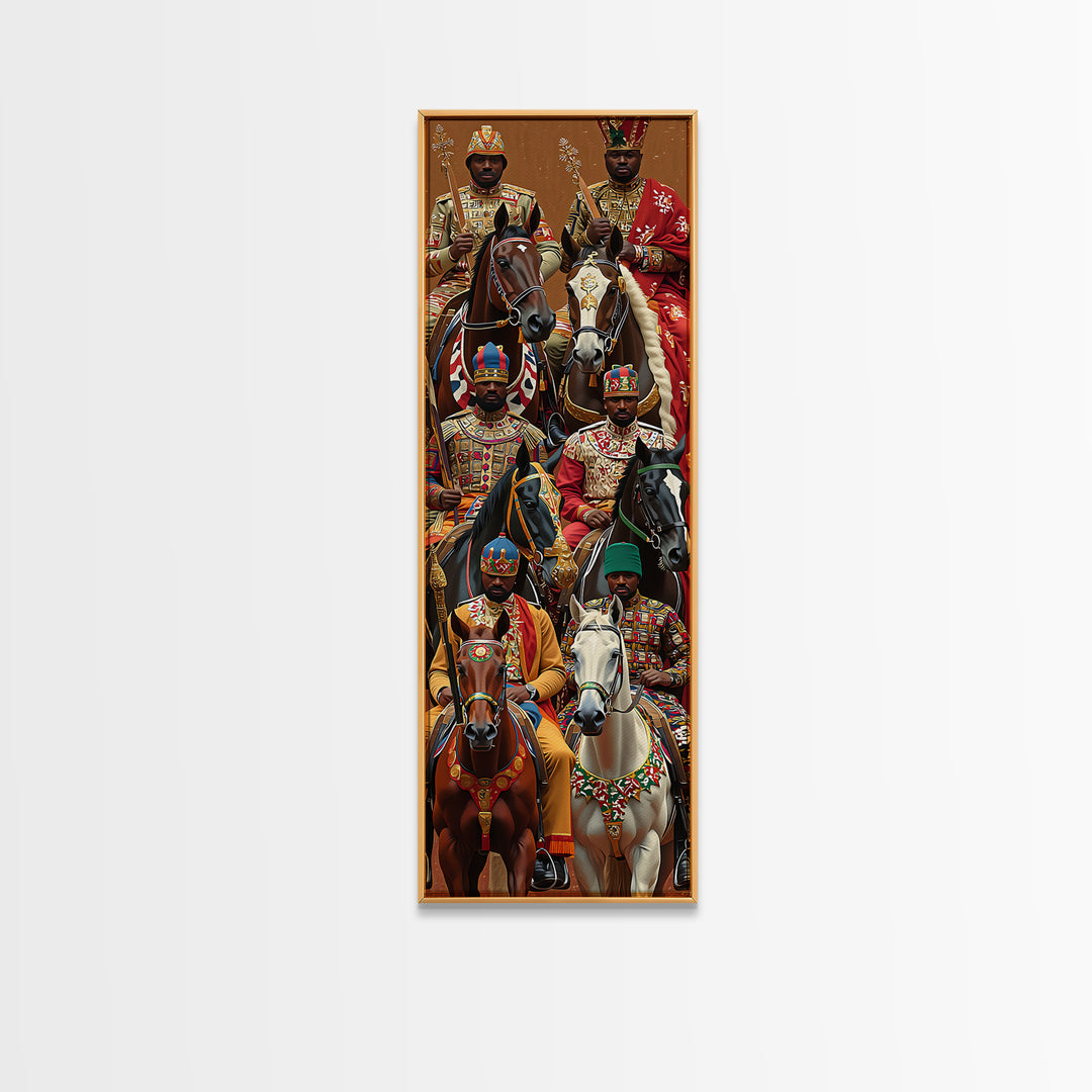 Ornate African Kings Riding Horses Framed Canvas Print, African Portrait, African Warrior Art, Afrocentric Decor, Cultural Wall Art