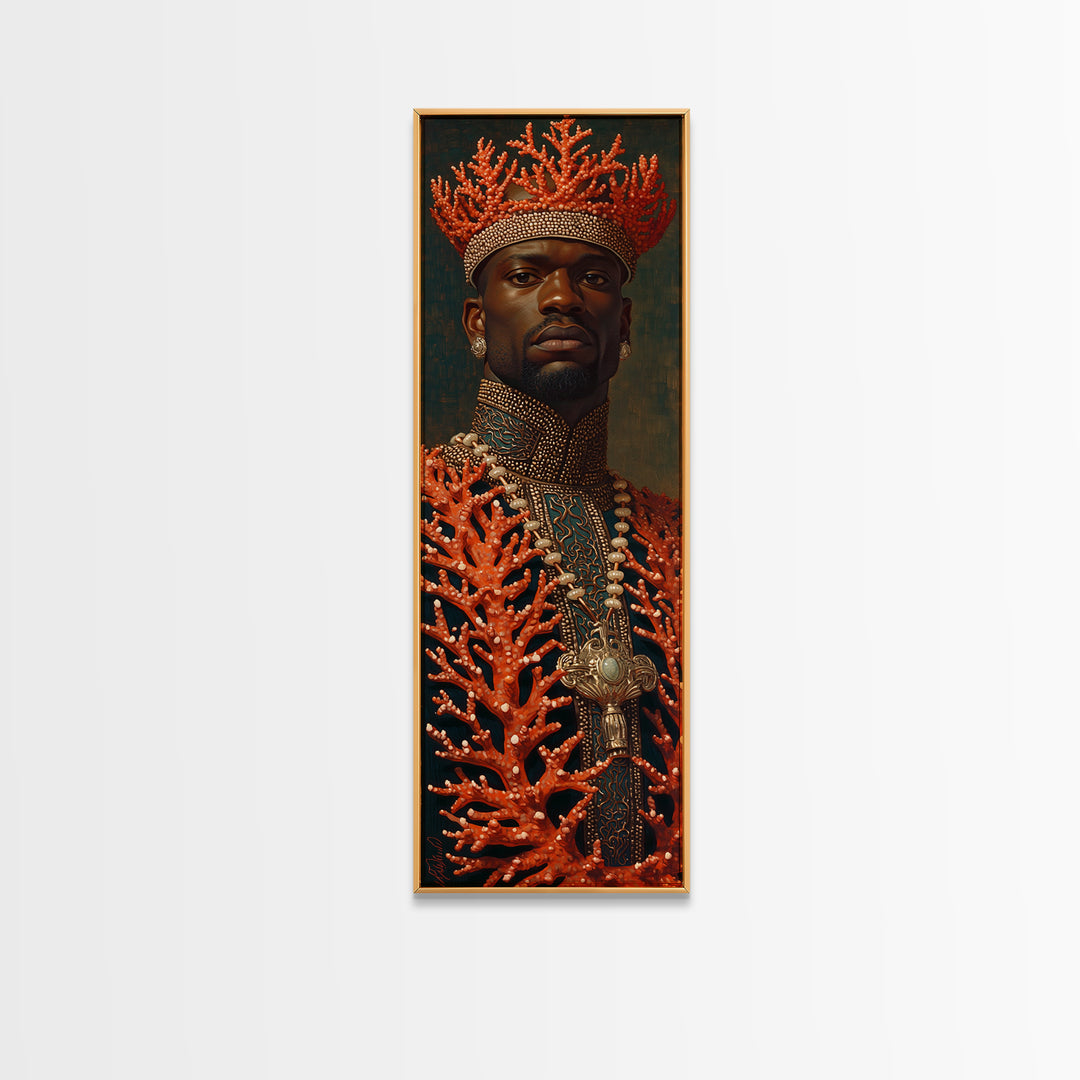 Black King In Coral Crown Portrait Canvas Print, African Portrait Art, Black Man Wall Art, Gold Jewelry Canvas, Luxury Decor
