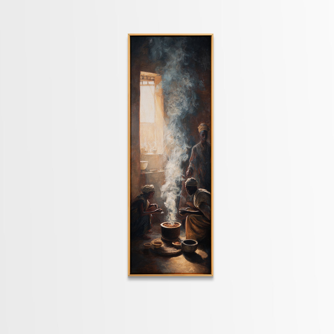 Smoky African Family Cooking By Window Wall Art, African Painting, Black Culture Art, Spiritual Home Decor, Meaningful Gift
