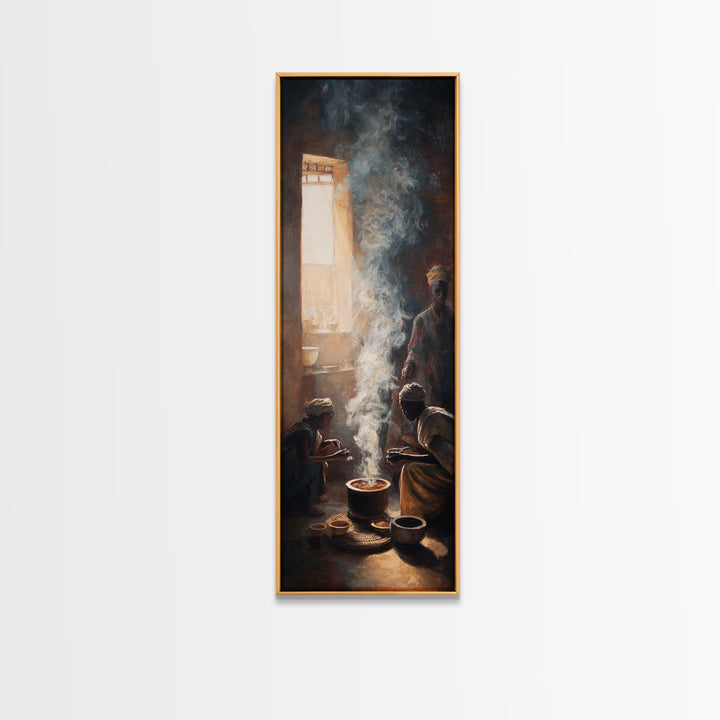 Smoky African Family Cooking By Window Wall Art, African Painting, Black Culture Art, Spiritual Home Decor, Meaningful Gift