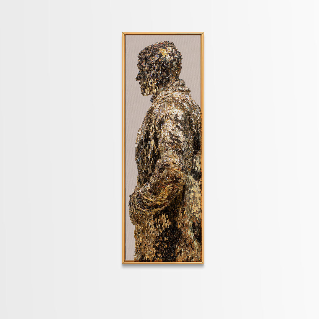 Shimmering Gold Male Figure Framed Canvas Print, Modern African Art, Abstract Portrait Wall Art, Luxury Black Art Decor Gift