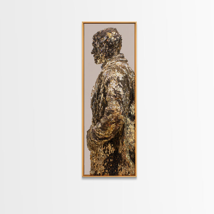 Shimmering Gold Male Figure Framed Canvas Print, Modern African Art, Abstract Portrait Wall Art, Luxury Black Art Decor Gift