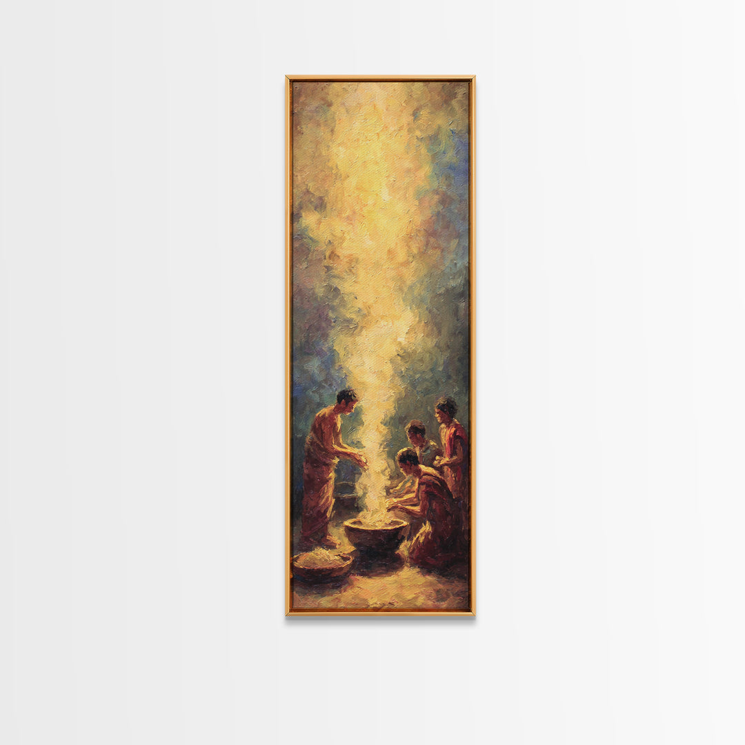 Golden African Family Firelight Gathering Framed Canvas Print, African Painting, Black Family Art, Spiritual Wall Art, Warm Decor