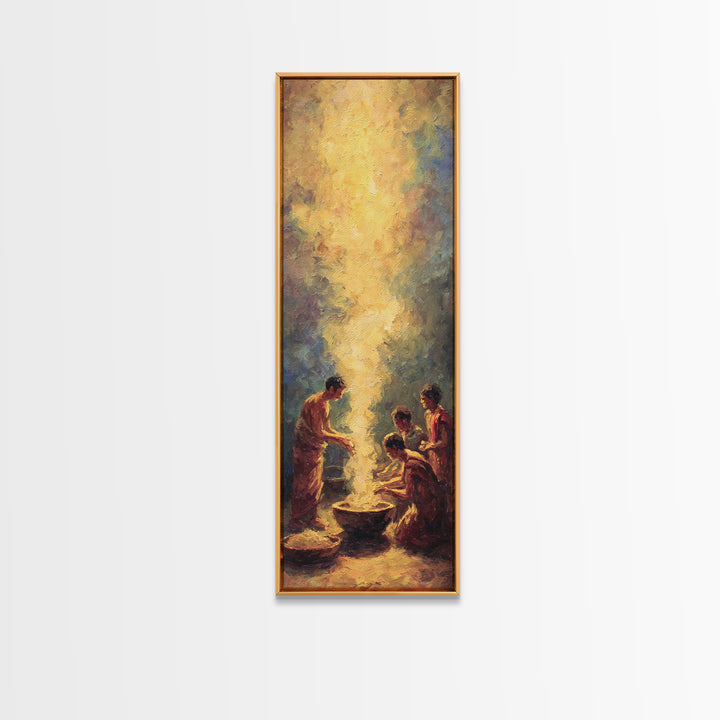Golden African Family Firelight Gathering Framed Canvas Print, African Painting, Black Family Art, Spiritual Wall Art, Warm Decor