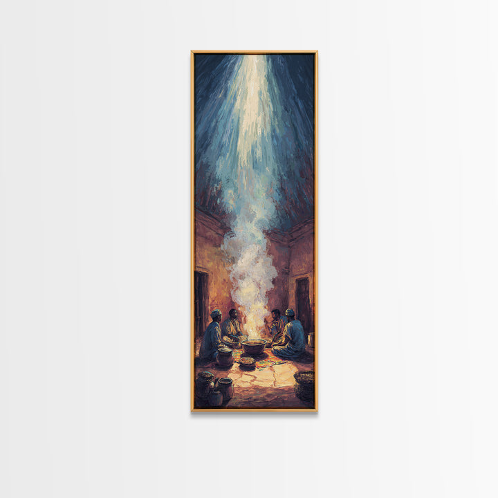 African Gathering With Sacred Steam Canvas Print, Ceremonial Light, Afrocentric Wall Decor, Spiritual Tribal Room Artwork