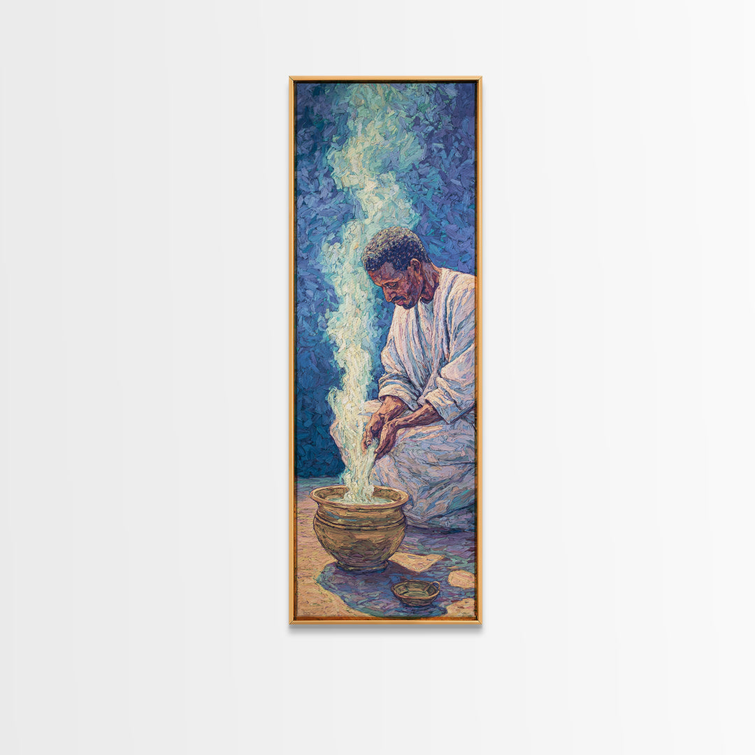 African Man Pouring Water Framed Canvas Print, Blue Spiritual Portrait Wall Decor, Afrocentric Culture Art For Living Room