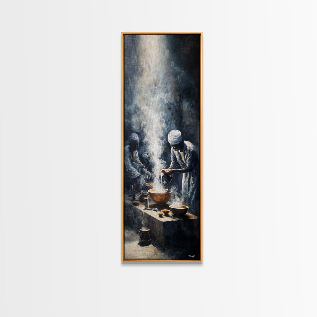 African Steam Ritual Wall Art, Dark Ceremonial Canvas, Men In White Headwraps, Afrocentric Tribal Decor, Spiritual Print