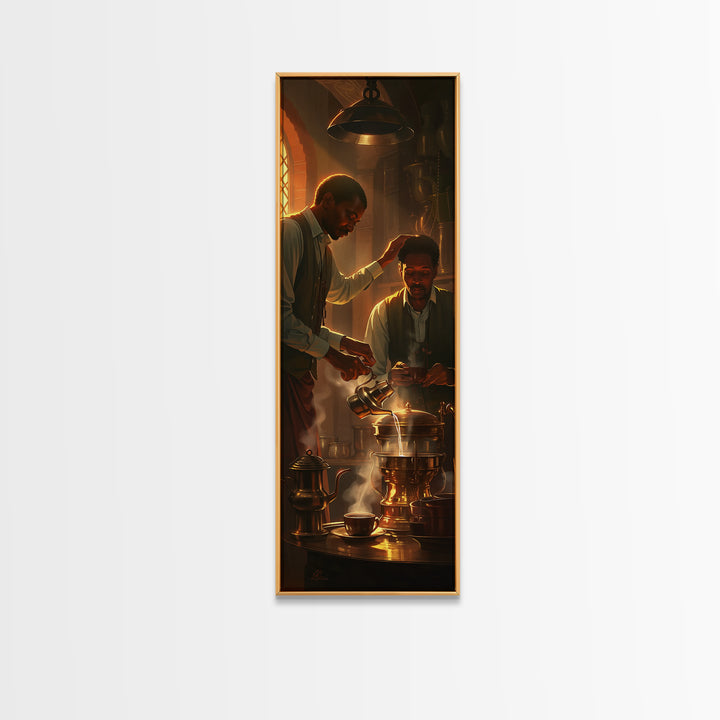 African Men Brewing Tea Canvas Print, Warm Golden Kitchen Light, Black Culture Art, Afrocentric Home Decor For Living Room
