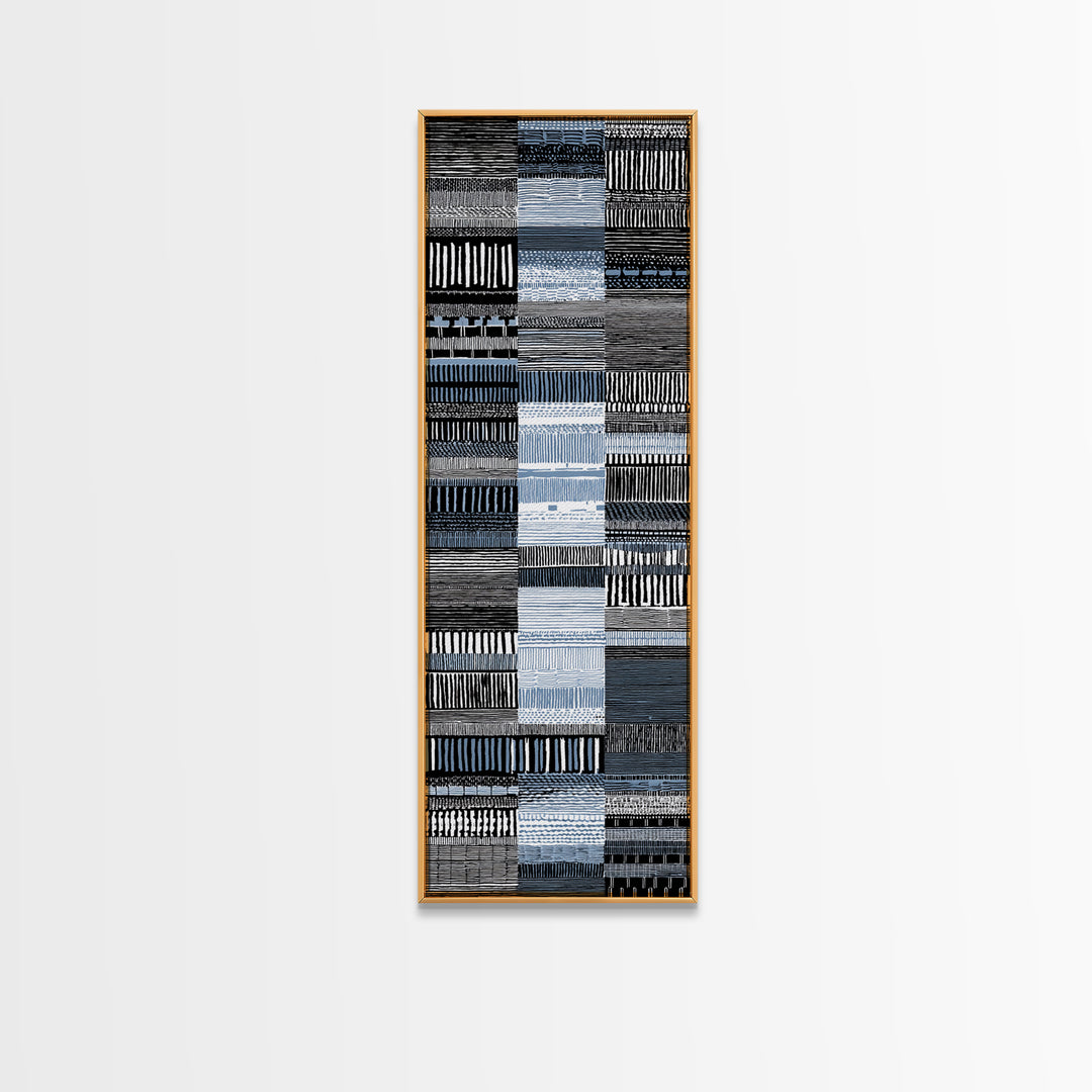 Blue Black Woven Textile Canvas Print, African Fabric Pattern, Minimalist Wall Art, Modern Boho Office And Home Decor Print