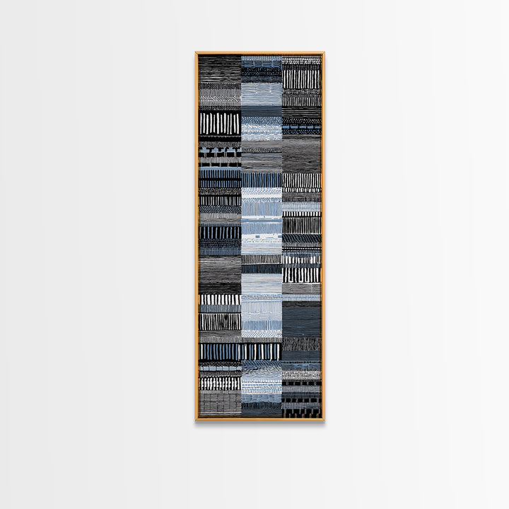Blue Black Woven Textile Canvas Print, African Fabric Pattern, Minimalist Wall Art, Modern Boho Office And Home Decor Print
