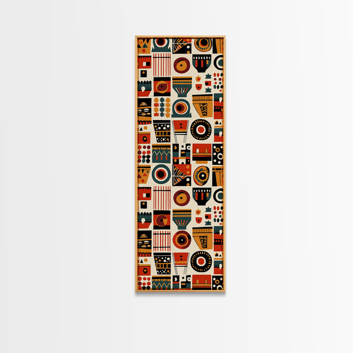 Orange Black African Symbols Wall Art, Tribal Mask Inspired Geometric Pattern, Afrocentric Canvas Print, Bold Home Decor