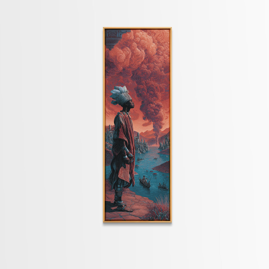 African Warrior Watching Crimson Smoke Canvas Print, Fantasy City Wall Art, Afrocentric Landscape, Red Tribal Decor Gift