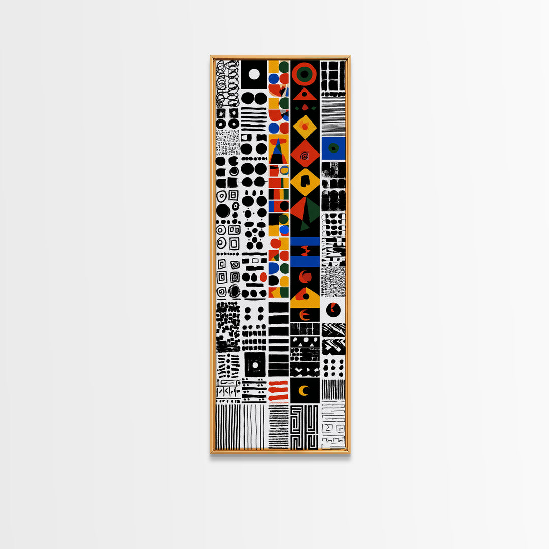 Modern African Geometric Grid Canvas Print, Black White Orange Tribal Symbols, Abstract Wall Art, Bold Cultural Decor Print