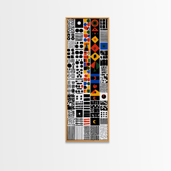 Modern African Geometric Grid Canvas Print, Black White Orange Tribal Symbols, Abstract Wall Art, Bold Cultural Decor Print
