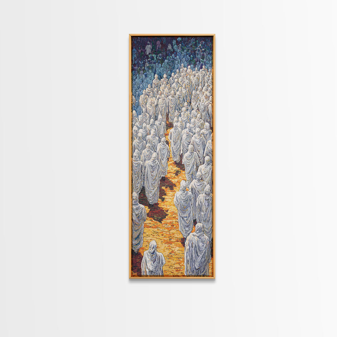 White Robed Procession Through Blue Forest Wall Art, African Spiritual Artwork, Dreamy Cultural Decor, Large Statement Print
