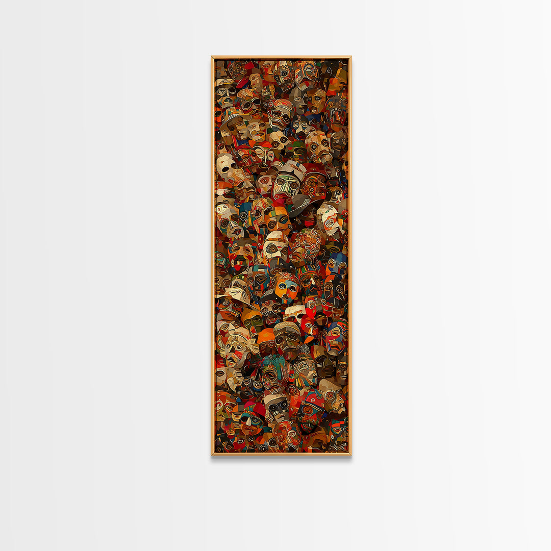 Dense Collage Of African Masks Wall Art, Tribal Faces Canvas, Afrocentric Culture Decor, Maximalist Black Artwork Print For Home