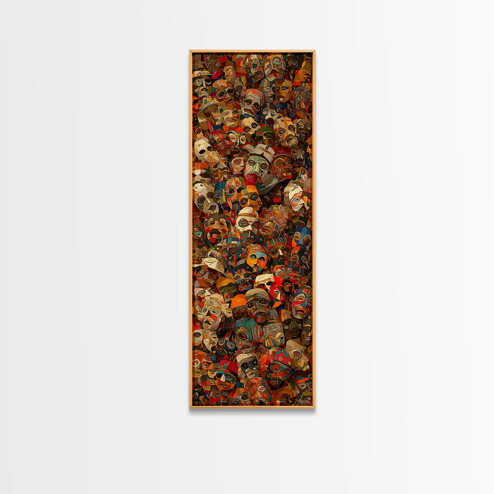 Dense Collage Of African Masks Wall Art, Tribal Faces Canvas, Afrocentric Culture Decor, Maximalist Black Artwork Print For Home