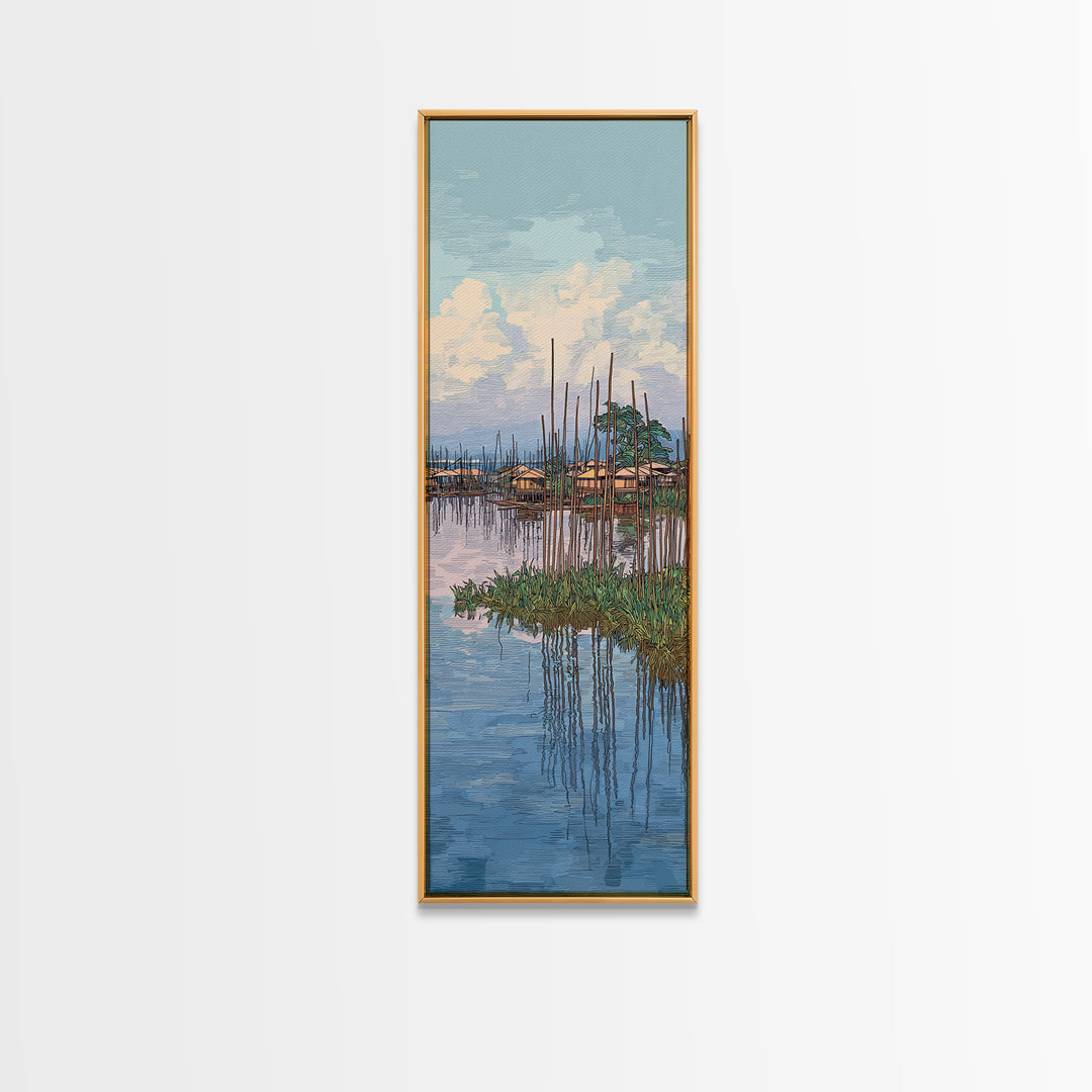 Peaceful African Lake Village Wall Art, Blue Water Landscape Canvas Print, Coastal Home Decor, Serene Travel Art Gift For Living Room