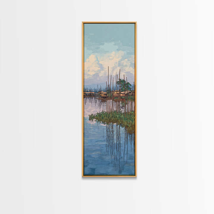 Peaceful African Lake Village Wall Art, Blue Water Landscape Canvas Print, Coastal Home Decor, Serene Travel Art Gift For Living Room