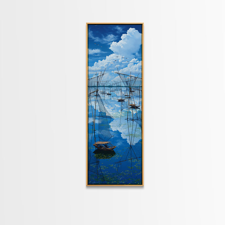 Dramatic Blue Fishing Nets Wall Art, African Lake Canvas Print, Coastal Landscape Decor, Serene Safari Art Gift For Home