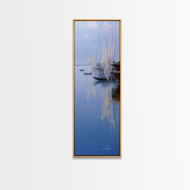 Misty African Fishing Boats Wall Art, Blue Lake Canvas Print, Minimalist Coastal Decor, Serene Water Landscape Gift For Her