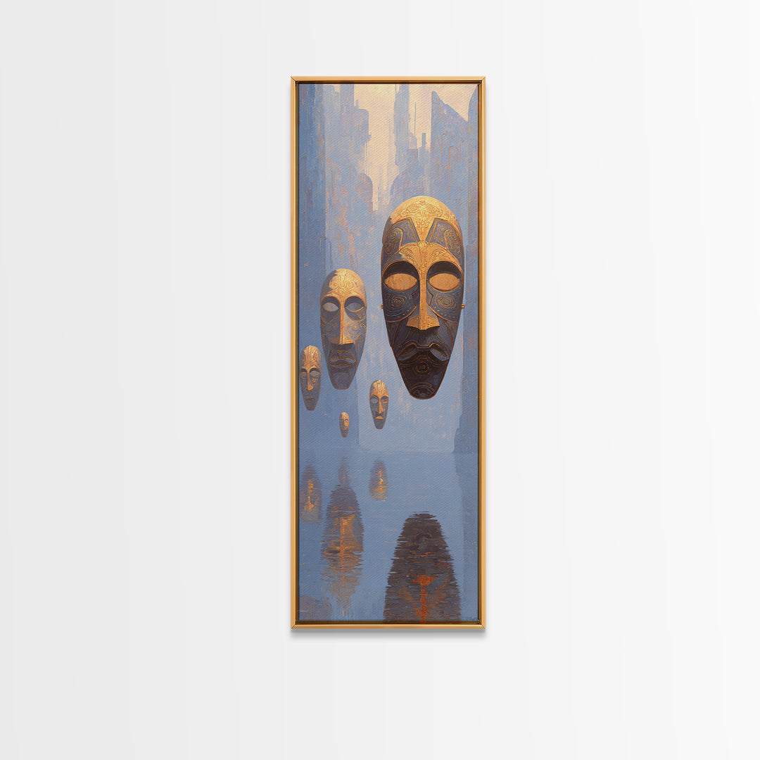 Floating African Mask Spirits Wall Art, Surreal Blue Gold Canvas Print, Afrocentric Tribal Decor, Mystical Culture Art Gift