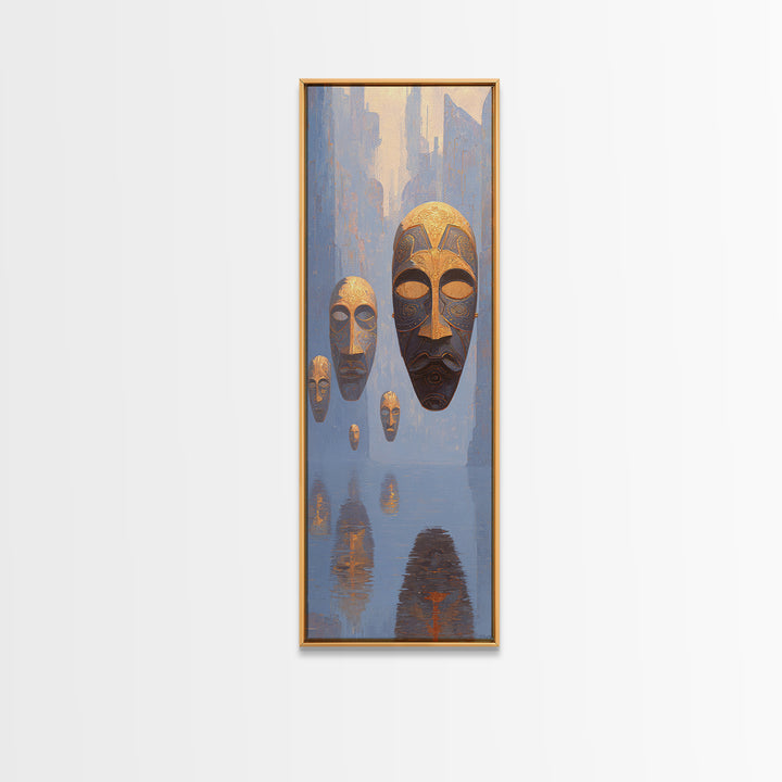 Floating African Mask Spirits Wall Art, Surreal Blue Gold Canvas Print, Afrocentric Tribal Decor, Mystical Culture Art Gift