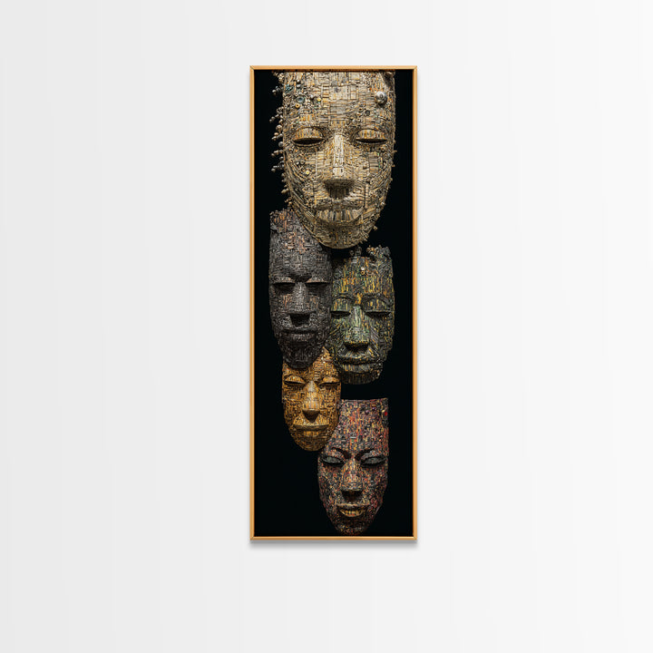 Textured African Mask Portrait Wall Art, Tribal Sculpture Canvas Print, Black Gold Afrocentric Decor, Cultural Artwork Gift