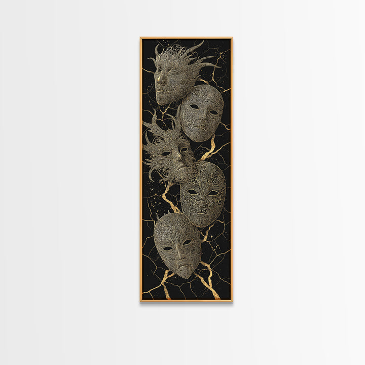 Gold Tribal Masks On Black Kintsugi Wall Art, African Mask Art, African Tribal Decor, Afrocentric Wall Decor, Luxury Canvas Print