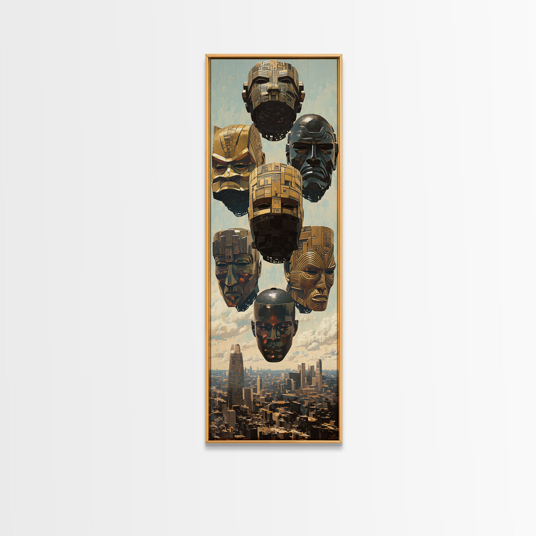 Futuristic Gold And Black Masks Wall Art, Afrofuturism Decor, Modern African Art, Urban Wall Decor, Unique Canvas Print Gift