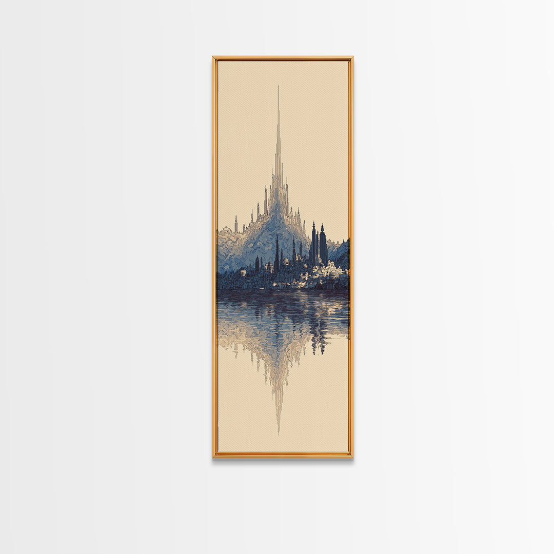 Blue Fantasy Spire City Framed Canvas Print, Dreamy Wall Art, Modern Canvas Art, Elegant Home Decor, Large Statement Wall Decor