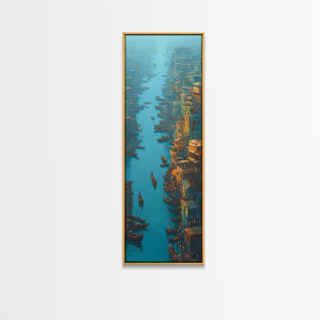 Teal Canal City With Boats Wall Art, Coastal Travel Decor, Blue Orange Painting, Large Canvas Print, Unique Home Decor Gift