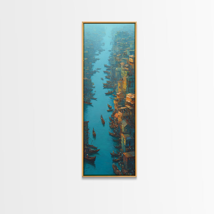 Teal Canal City With Boats Wall Art, Coastal Travel Decor, Blue Orange Painting, Large Canvas Print, Unique Home Decor Gift