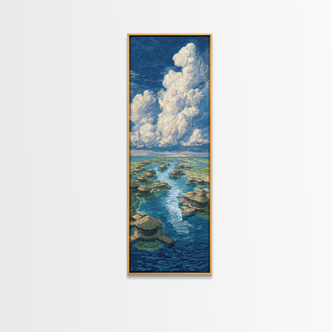 Tropical Lagoon Huts Under Clouds Canvas Print, Beach Art, Nature Scene Art, Blue Wall Decor, Coastal Home Decor Wall Art